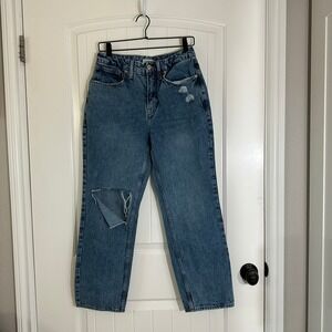 Good American‎ 90's Duster Straight Leg Blue Jeans High Rise Distressed 6/28
